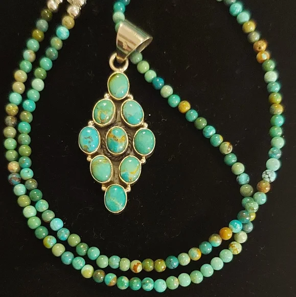 Natural Turquoise Beaded Neckace with Turquiose Pendant in Sterling Silver - Picture 4 of 11